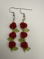 Red Rose Dangle Earrings 2.5″ Floral Statement Nickel Free Hook Romantic Jewelry
