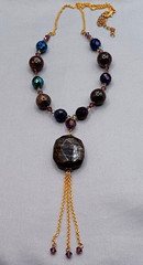 Gemstone & Glass Pendant Necklace Chain Tassel Gold Tone Purple, Blue, Brown