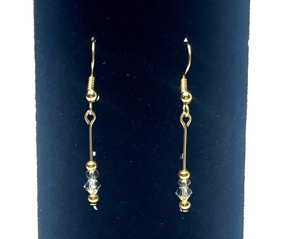 Earrings: 1.75in Bi-cone Glass w/ Gold Plated Accent Beads Dangle/ Drop