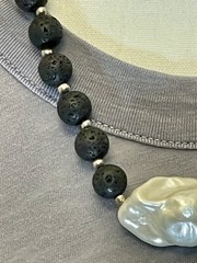 Greek Black Lava Stone Necklace w Large Mother of Pearl
