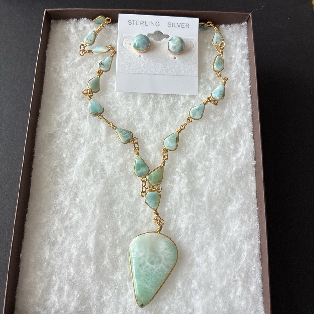 Larimar Wire Wrapped Gemstone Pendant Station Necklace 20” & Dangle Earrings Set