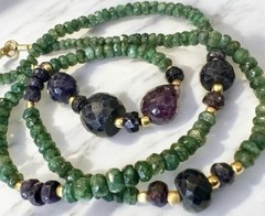 Raw emerald Beaded necklace Emerald Ruby Sapphire Gemstone Green Purple Gold 925