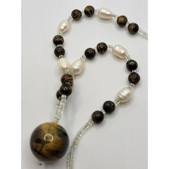 Vintage Tiger’s Eye Freshwater Pearl Necklace Sphere Ball Seed Beads Y Pendant