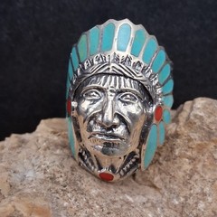Men’s Sterling Silver Turquoise Coral Chief Headdress Ring Southwestern Size 10