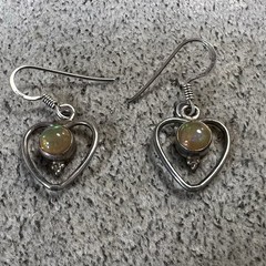 Artisan Made Ethiopian Opal Heart Shape Sterling Silver Dangle Drop Earrings