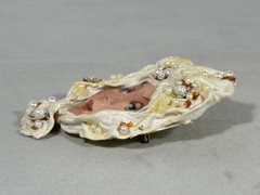 Vintage Mixed Media Face Brooch Pearl Embellished Fabric Art Jewelry 4”