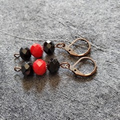 Black and Red Upcycled Earrings on Antiqued Copper Tone Leverback Hooks