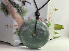 Large Fat Green Cloud Jade Donut Pendant 55x10mm Unisex Cloth Cord Good Luck