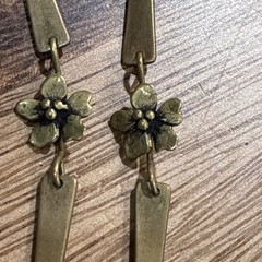 Art Nouveau Dogwood Flowers Long Dangling Brass Earrings With Hooks From Estate