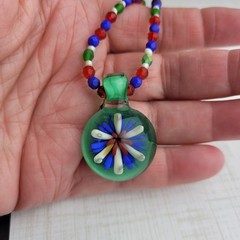 Hand Blown Glass Flower Pendant Necklace Red Blue White Green