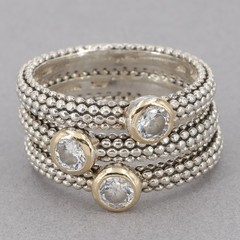 3 ATR Sterling Silver with 14K Yellow Gold Bezel CZ Popcorn Stack Rings Size 5.5