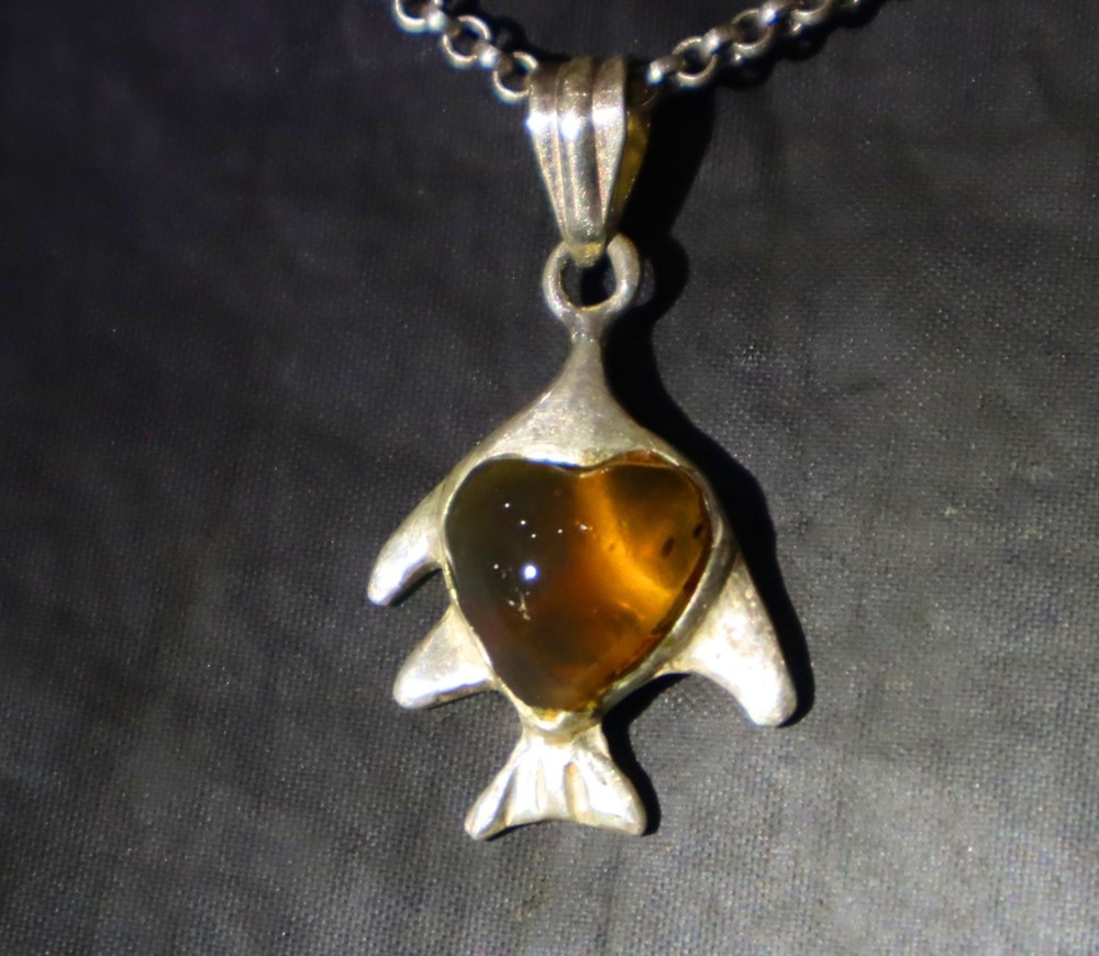 Clear Light Brown Amber .925 Sterling Silver Heart Fish Pendant 38mm