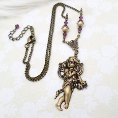 Cherub Angel Charm Necklace Handmade Spiritual Art Nouveau Brass Jewelry