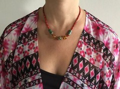 NEW Handmade Necklace Red Gold Green Amber Beads + pink gift bag