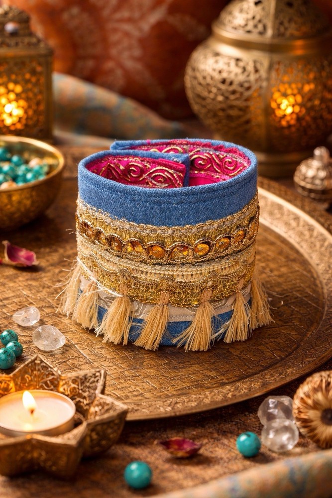 Boho Luxe Denim Fringe Cuff Bracelet Gold Embellished Moroccan Style OOAK Signed