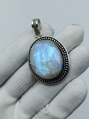 Blue Fire Moonstone Silver Pendant Necklace-NaturalWhite Rainbow Faceted Pendant
