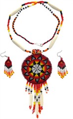 HANDCRAFTED ETHNIC ARTISAN RED MEDALLION CHUNKY BEADED NECKLACE EARRINGS SET