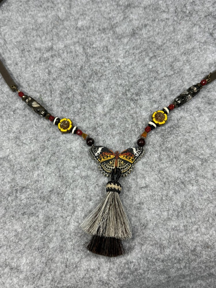 Beaded Necklace Butterfly Pendant Leather Strap Horse Hair Tassel Carved Totem