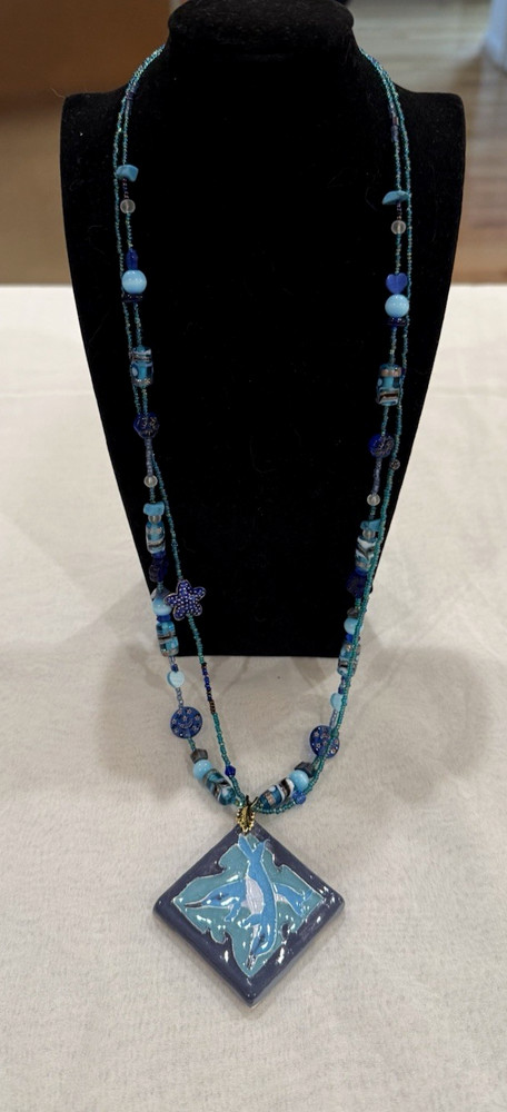 Susie S. Artisan Dolphin Ceramic Tile Pendant Necklace Beaded Coastal Ocean Art