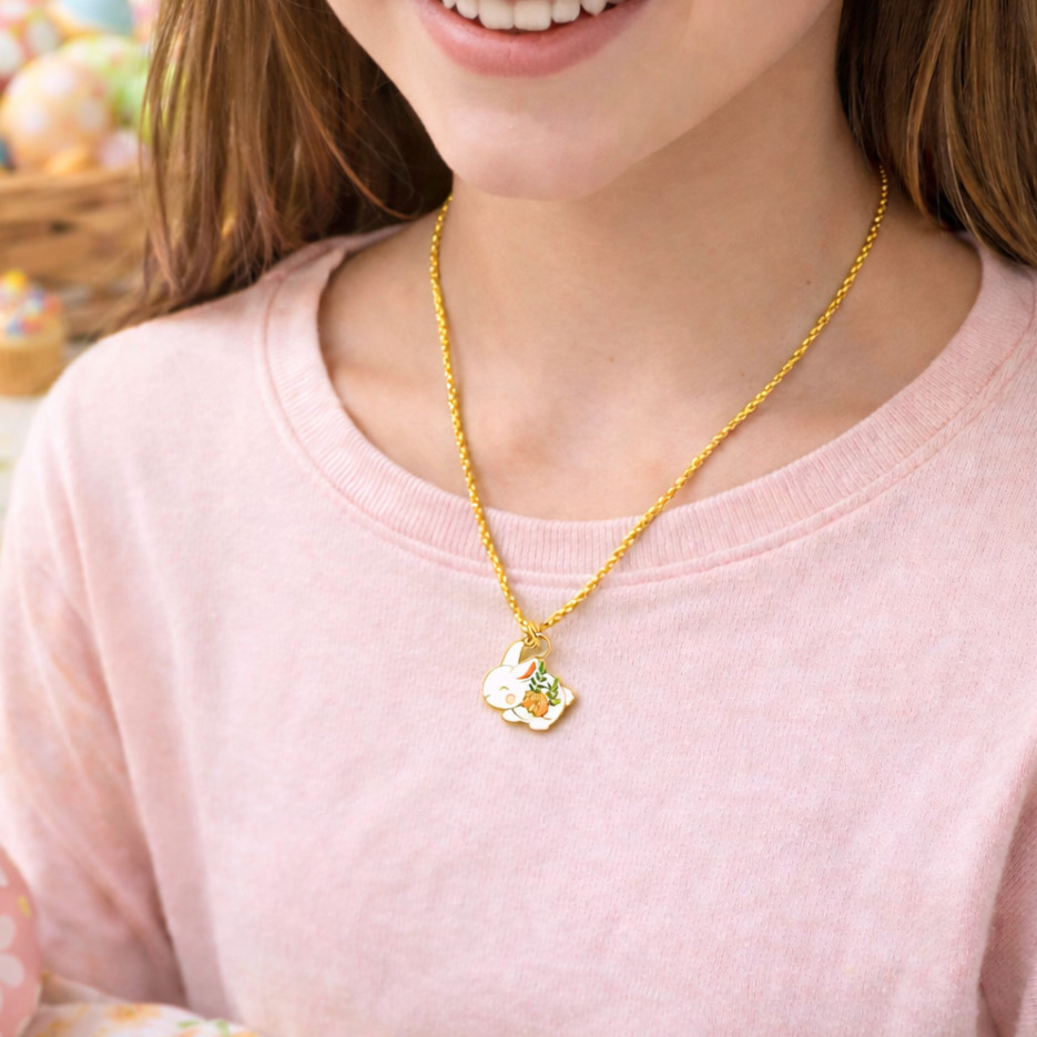 Baby Bunny Charm Necklace – Gold Trim – Rolo Rolo Chain – Lobster Clasp