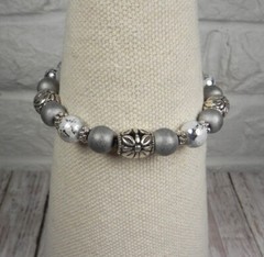 Foil Glass Matte Silver Clay Metal Spacer Stretch Bracelet Handmade 7.5″