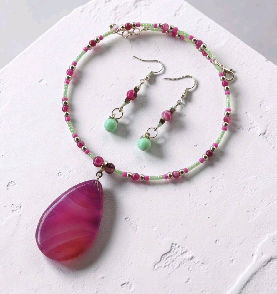 Handcrafted Beaded Memory Wire Choker Earring Set Pink Stripped Agate Mint Green