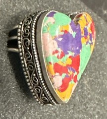 Heart Shaped Colorful Confetti Artisan Silver Tone Costume Ring Sz 6 1/2 READ