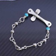 6.75”, vintage Cross Chain Bracelet in Sterling 925 Silver with turquoise beads
