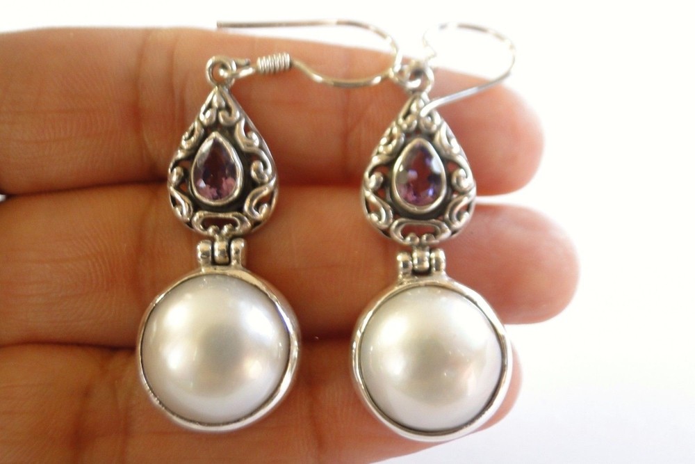 White Mabe Pearl Purple Amethyst Ornate 925 Sterling Silver Earrings