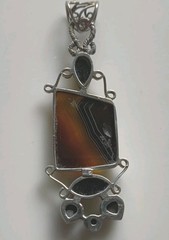 Banded Agate & Hematite In Silver Pendant. #0039