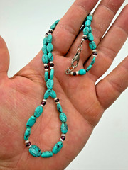 Handmade Turquoise Necklace W Pearl Ruby Red Accents 925 Sterling Silver Clasp