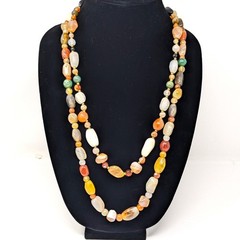 Natural Polished Agate Stone Necklaces Set of 2 at 22″ and 28″ Multicolor VTG