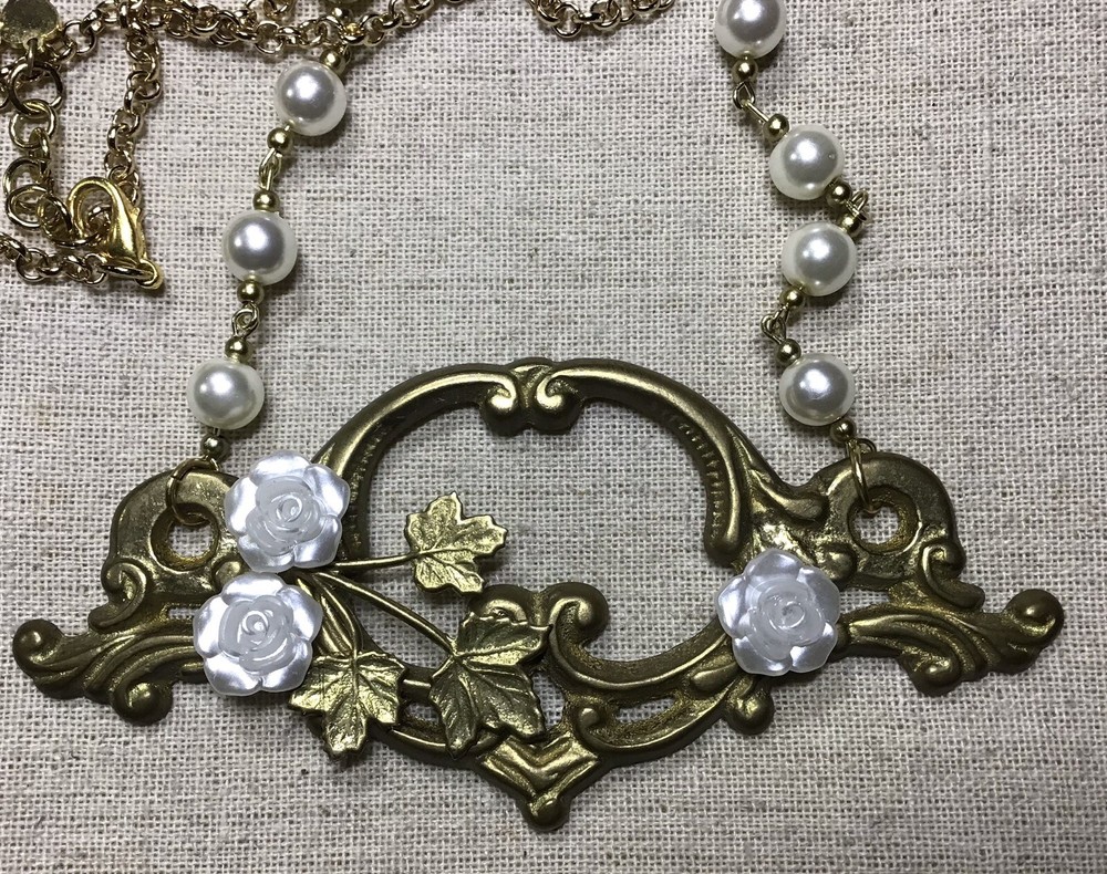 Rose Necklace- Leaves & Roses On Vintage Hardware,faux Pearl Beads , 20” Chain