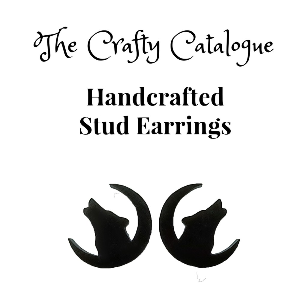 14mm Black Howling Wolf & Crescent Moon Stud Earrings Unisex/Men/Women/Vegan