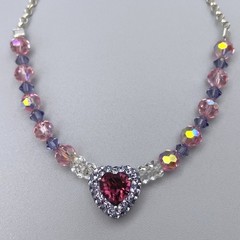 Sterling Silver Purple Pink Crystal Heart Necklace Sparkling Beaded Chain
