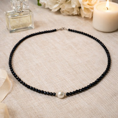 AAA Black Spinel Gemstone Necklace with Center Potomac Pearl-Select your length!