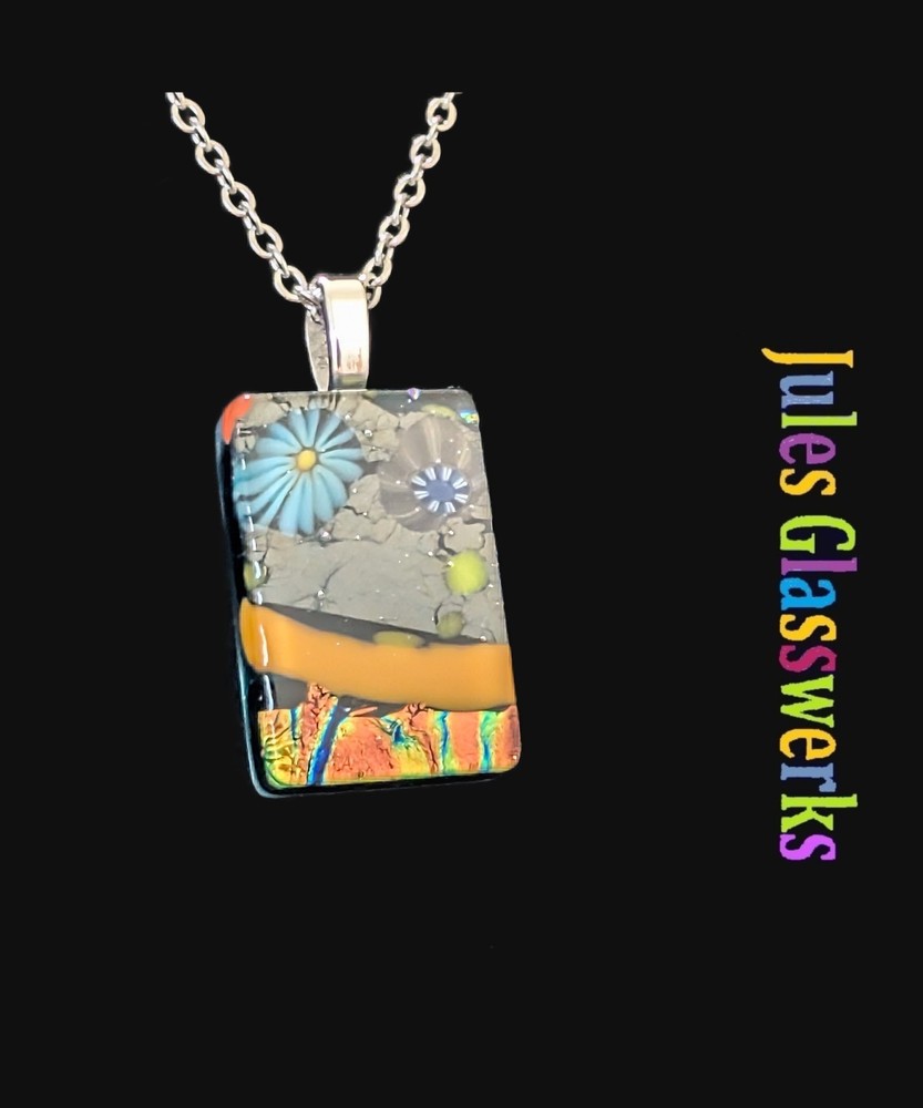 Hand Crafted Dichroic Fused Glass Pendant Necklace W/ Chain #1995