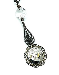 Antiqued Brass Crystal Steampunk Vintage Winton 17 Jewel Watch Necklace