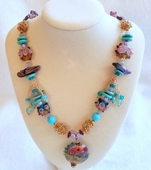 20″ Lampwork Art Glass Beads Necklace with 2″ Pendant Turquoise Lavender Gold