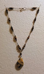 Vintage Tigereye Wood Bead Graphic Feldspar Teardrop Silver Metal Lobster Clasp