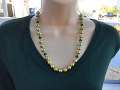Handmade Beaded Necklace Gold and Green Glass Beads with Silver Tone Spacers