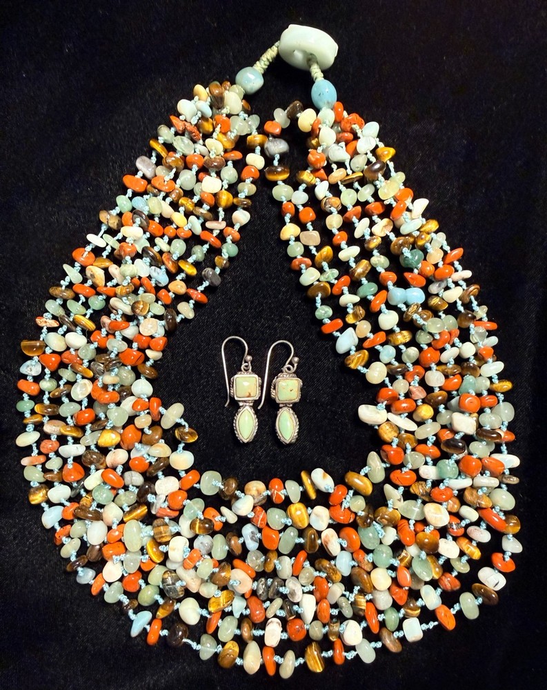 Multicolor Stone Nugget Hand Knotted Necklace and Sterling Silver Green Earring