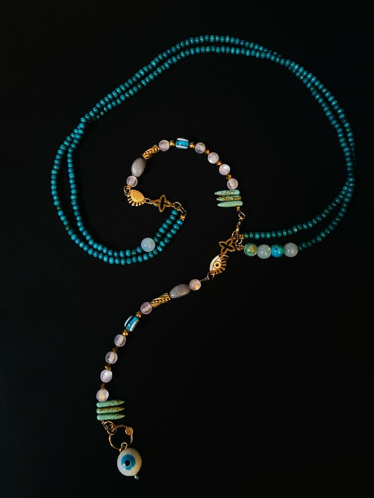 Handmade Turquoise colored beaded Necklace Evil Eye Crosses Gift Made in Greece