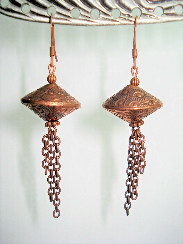 2 5/8″ Drop Etched Copper Chains on Saucer Earrings with Copper Earwires