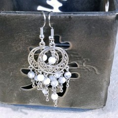 Handcrafted Natural White Howlite Gemstone Antique Silver Chandelier Earrings