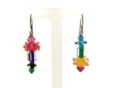 Vintage Artisan Lampwork Glass Dangle Earrings Colorful 1980s Sterling Silver
