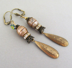 Pearl Earrings Asymmetrical Gold Fill Ear Wire Crystal Dangle Long Beaded Gift