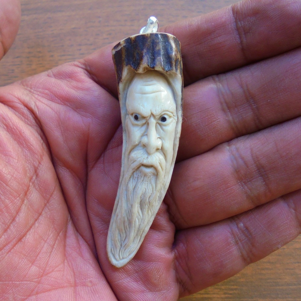 Mountain Man Wizard Carved Bone Pendant from Deer Antler with Plated Silver Bale
