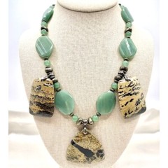 Vtg Necklace Bib Collar Faceted Jade Picture Jasper Statement Western Heavy Z