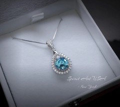 8mm Round Aquamarine Necklace Sterling Silver 2ct Teardrop Style White Gold
